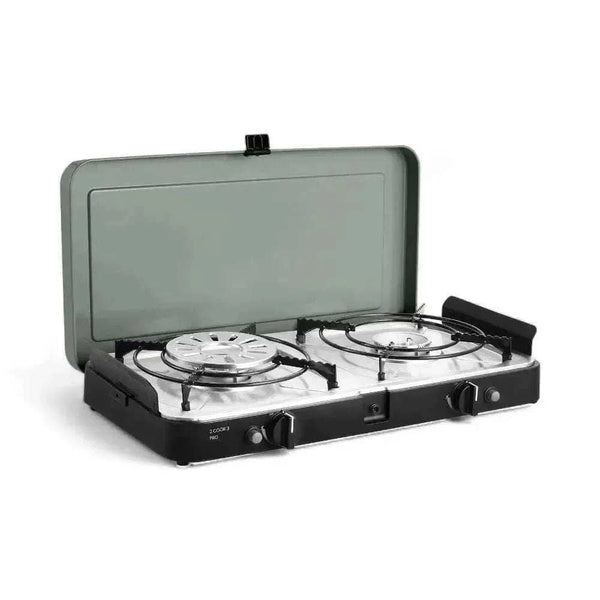 CADAC 2 Cook 3 Pro portable dual-burner gas barbecue with flat and ribbed GreenGrill plates for versatile outdoor cooking