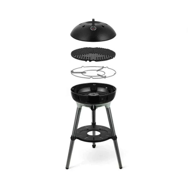 Portable CADAC Carri Chef 40 gas BBQ with dome, built-in thermometer, and carry bag.