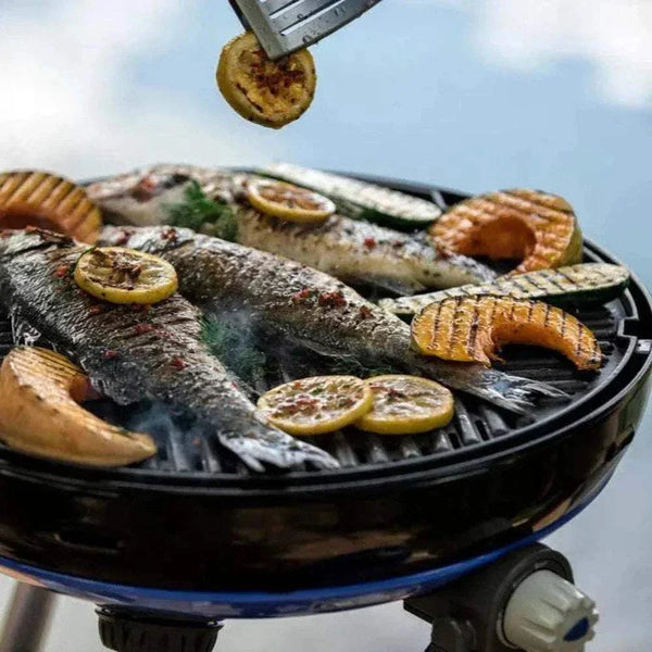 CADAC Carri Chef 50 BBQ cooking fish and vegetables on 46cm gas grill.
