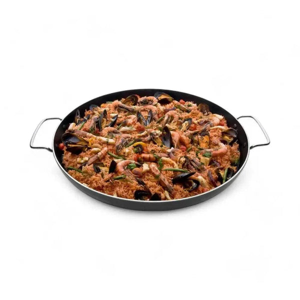 CADAC Skottel Braai Paella Pan 50 with GreenGrill ceramic coating, stainless steel handles, and seafood paella.