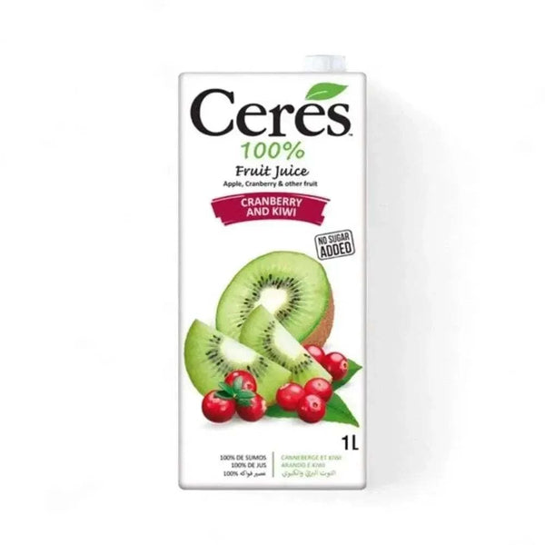 CERES Cranberry and Kiwi 1L fruit juice carton with kiwi and cranberry images, no added sugar, vitamin C enriched