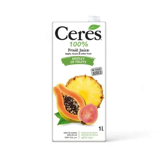 CERES Medley Of Fruits 1L carton with pineapple, papaya, and guava, 100% no sugar added fruit juice