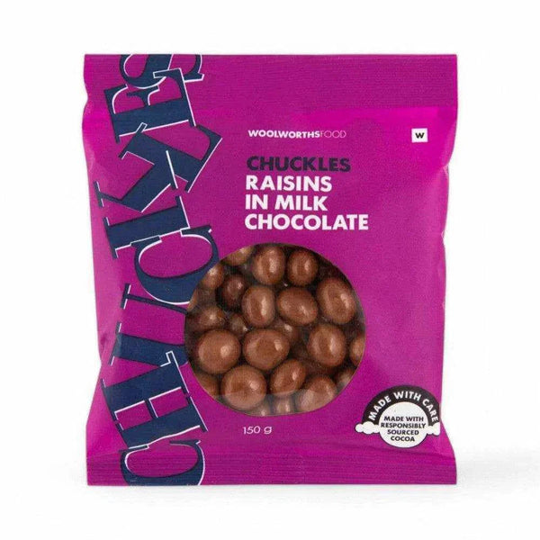 Woolworths CHUCKLES Chocolate & Raisins 150g pack with milk chocolate-coated raisins.