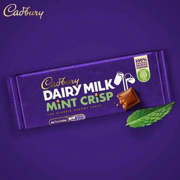 Cadbury Dairy Milk Mint Crisp 150g pack and chocolate