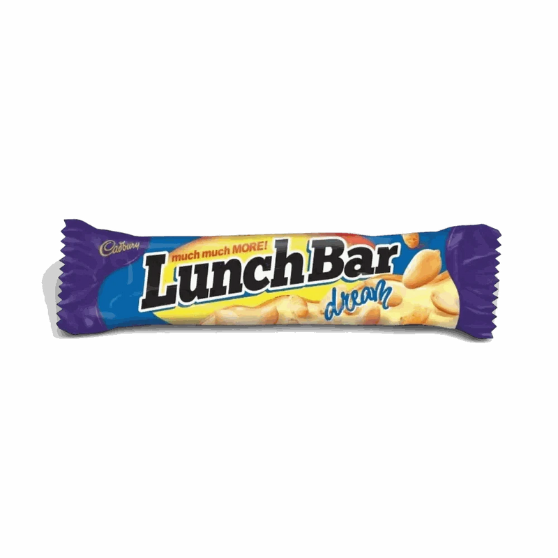 Cadbury Lunch Bar Dream white chocolate snack bar with crispy wafer, peanuts, crisped rice, and caramel, 48g pack