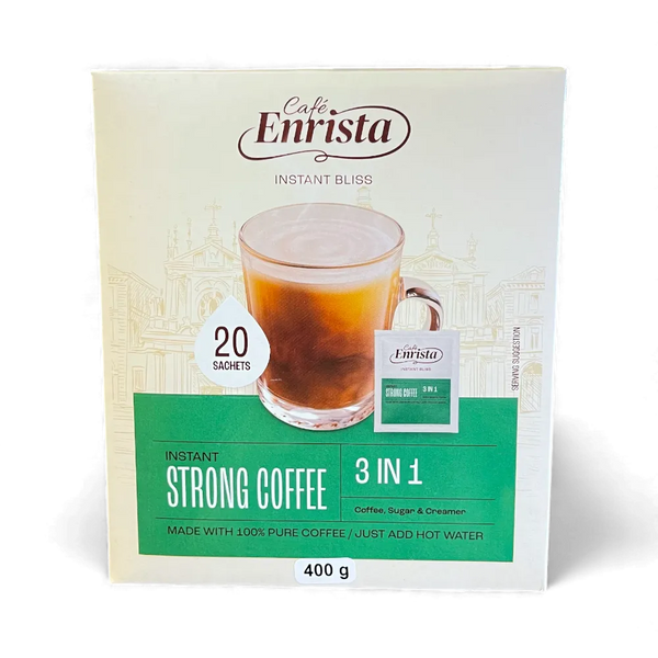 Cafe Enrista Coffee 3-in-1 Strong instant coffee sachets 400g box with coffee, sugar, and creamer.
