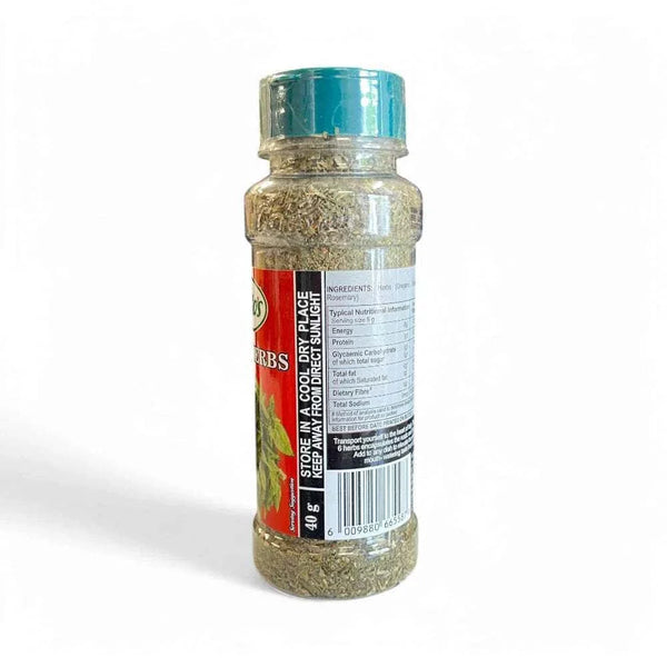 Calisto's Spices Italian Herbs 40g seasoning bottle with green cap, showcasing ingredients label and branding.