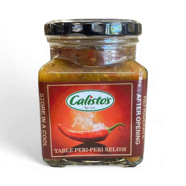 Calisto's Relish - Table Peri Peri 250ml glass jar with bold chili design, ideal for adding spice to any dish.