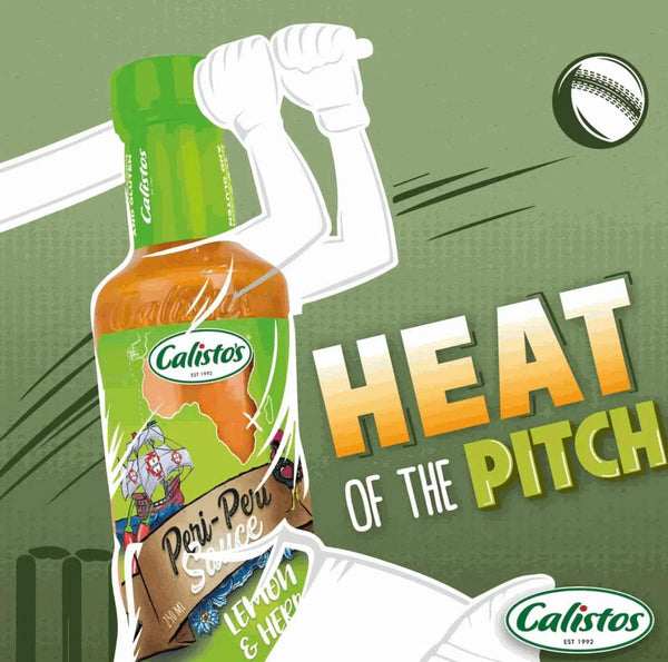 Calisto's Peri Peri Sauce - Lemon & Herb 250ml bottle with cricket-themed graphic.