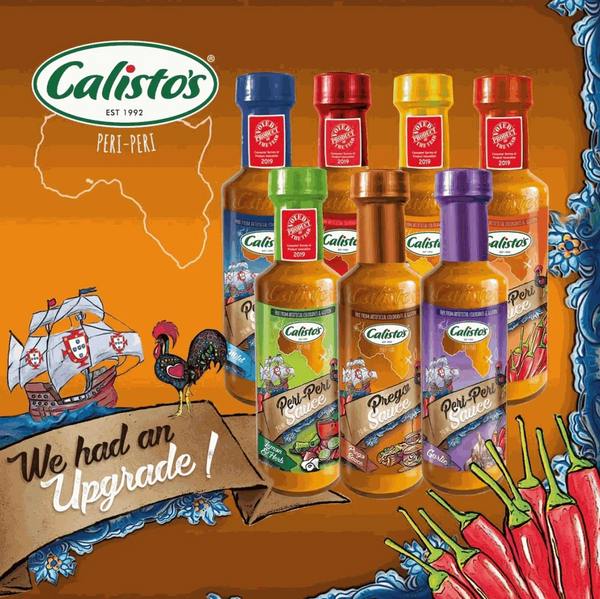 Calisto's Peri Peri Sauce Lemon & Herb 250ml bottles with vibrant packaging and chili decoration.