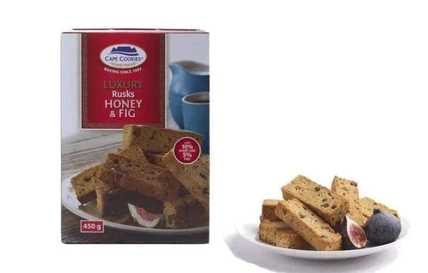 Cape Cookies Rusks Honey & Fig 450g pack with rusks on a plate, featuring real honey and figs.