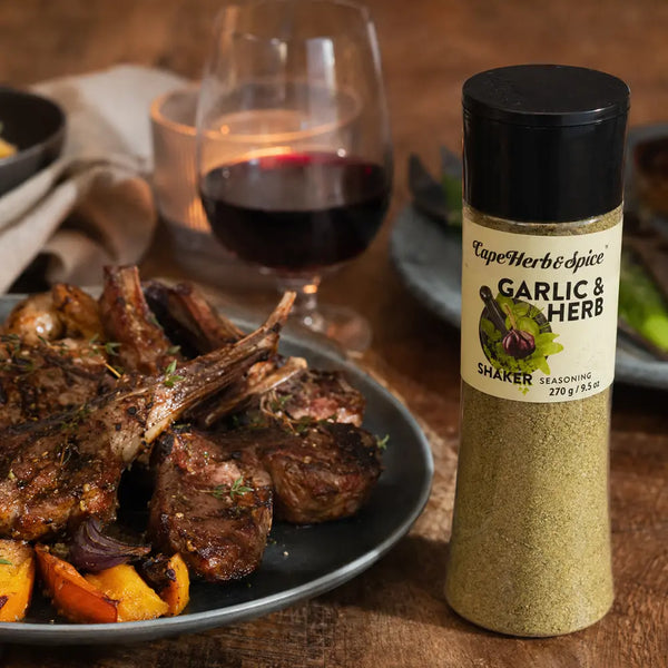 Cape Herb & Spice Garlic & Herb 270g shaker with grilled lamb chops