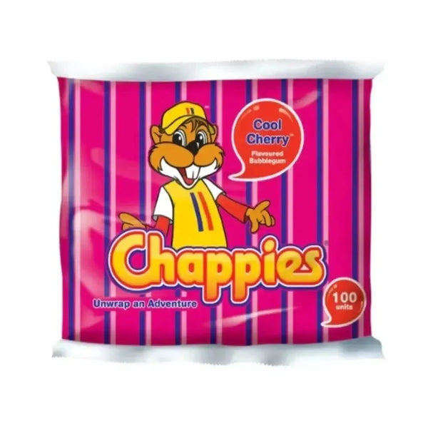 Pack of 100 Chappies Bubblegum Cool Cherrie with iconic yellow wrapper and chipmunk logo