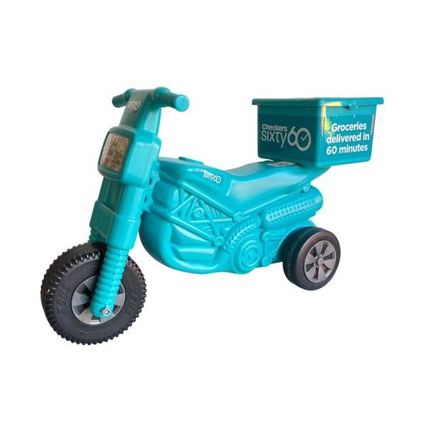 Checkers Sixty60 Teal plastic motorbike toy with three wheels and delivery box for kids aged 2+