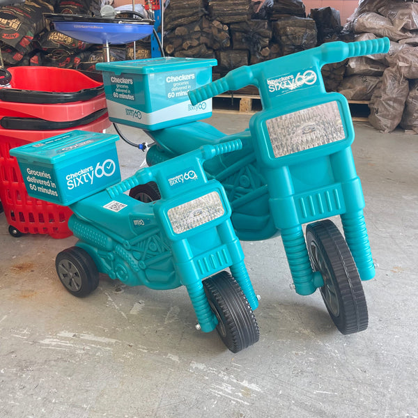 Checkers Sixty60 teal plastic motorbike toy for kids with delivery box and three wheels