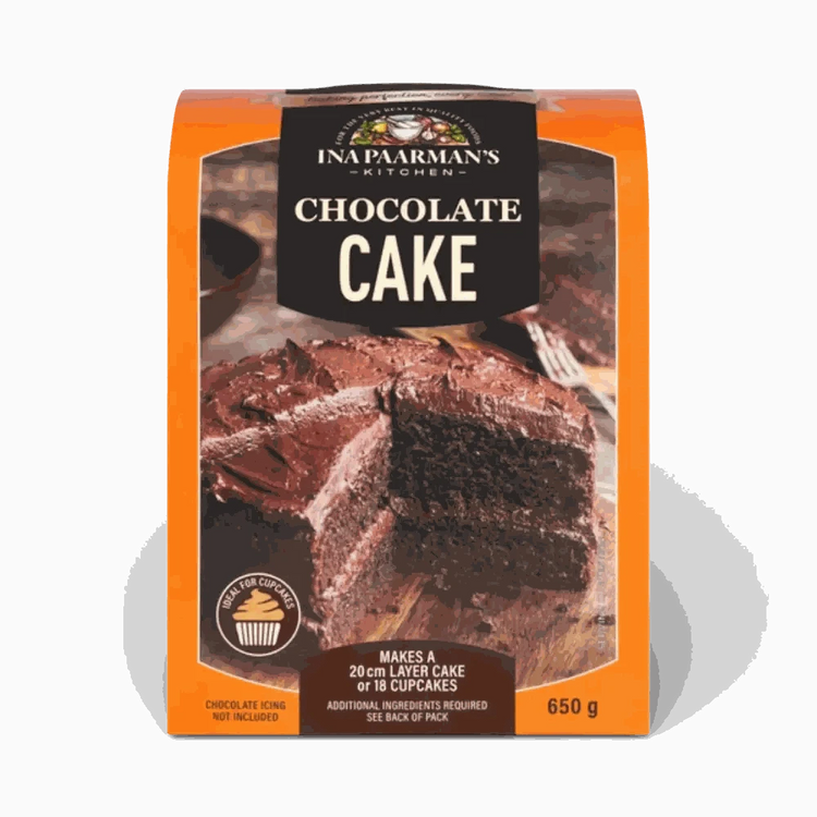 Ina Paarman's 650g Chocolate Cake Mix packet with rich chocolate flavor and moist texture for cakes or cupcakes