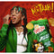 Simba Mrs Balls Chutney maize snacks with person enjoying chips in vibrant packaging.