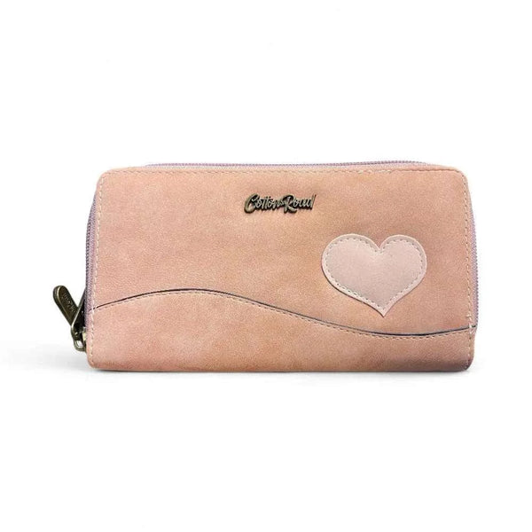 Cotton Road large pink PU leather wallet with light pink heart and zipped compartments for organization