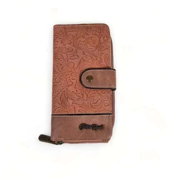 Cotton Road large PU leather wallet with embossed design, zip compartment, coin purse, and clip-open card holder, 19x10cm