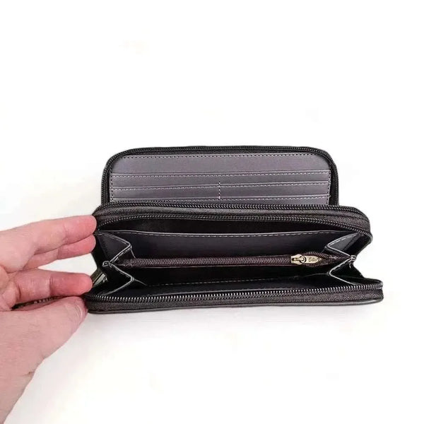 Cotton Road Large Wallet grey PU leather embossed proteas dual zip compartments 19cm x 10cm