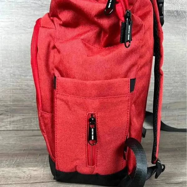 Deep red Cotton Road Nappy Bag backpack with front zip and side pockets for bottles
