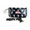 Black sling wallet with large white dots and removable shoulder strap by Cotton Road