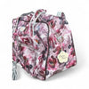 Light pink travel bag with purple rose pattern, large zip main pouch and two small front zip pouches, 47cm x 29cm x 23cm.