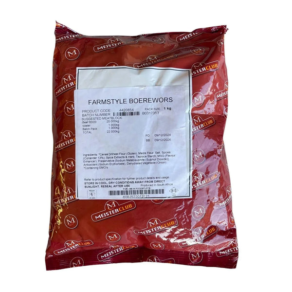 Crown National Farmstyle Boerewors Spice 1kg bag for authentic South African flavor.