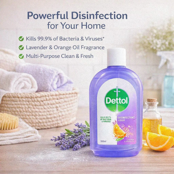 Dettol Disinfectant Liquid 500ml bottle with lavender and orange oil fragrance killing 99.9% bacteria and viruses