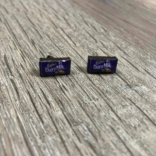 Earrings - Dairy Milk chocolate design, 10mm length, sold in pairs