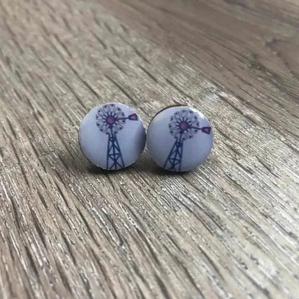 Pair of grey and pink windmill design earrings, 15mm diameter
