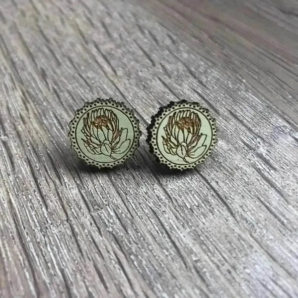 Earrings mint green circle with laser engraved protea 15mm diameter sold in pairs