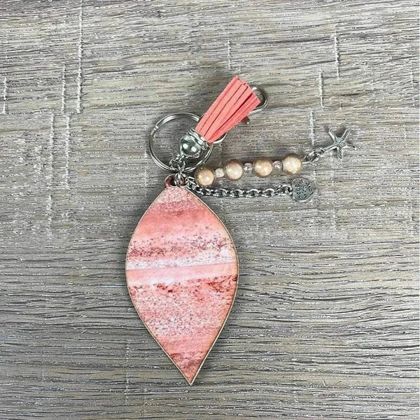 Pink marble ellipse key tags with wooden cut out and pink tassel, 30mm size