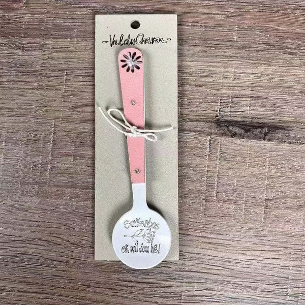 Enamel sugar spoon with wooden handle and laser engraved "Suikerbos Ek Wil Jou He" design