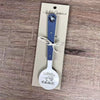 Enamel sugar spoon with wooden handle and laser engraved "Suikerbos Ek Wil Jou He" flower design
