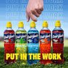 Energade sports drinks lineup with five bottles, including blueberry flavor, outdoors.