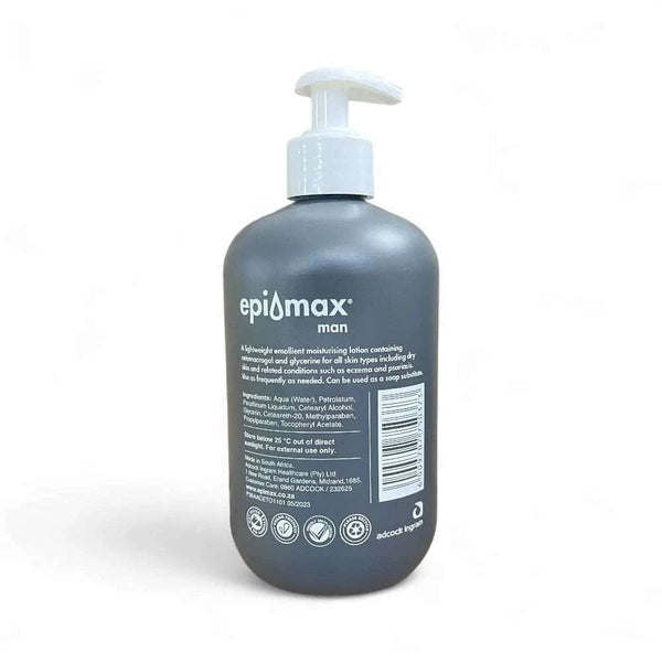 Epimax Man Body Lotion Pump 450ml, lightweight and non-greasy, for dry and sensitive skin, enriched with cetomacrogol and glycerine.