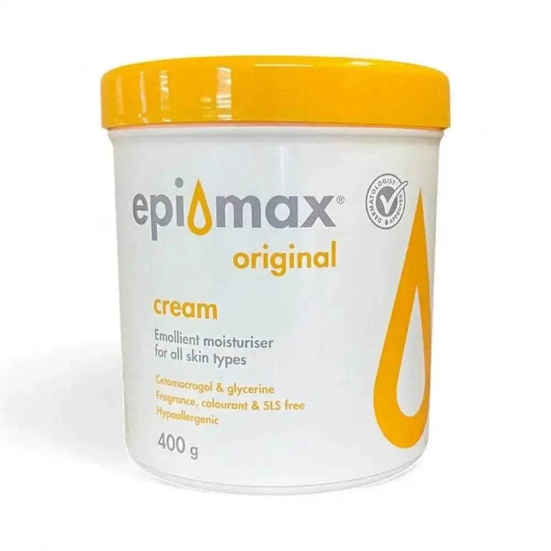 Epimax Original Body Cream Tub 400g, emollient moisturizer for all skin types, fragrance-free, hypoallergenic, vegan-friendly.