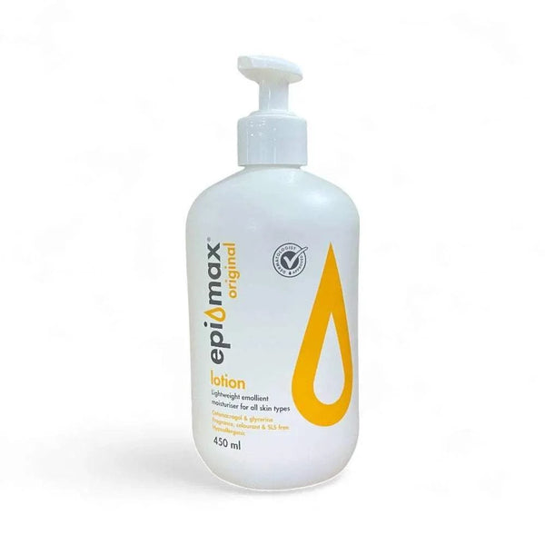Epimax Original Body Lotion Pump 450ml, lightweight, emollient-rich, suitable for sensitive skin, eczema, psoriasis, daily hydration.