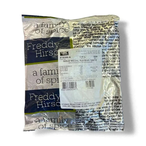 Freddy Hirsch Russian Gold Medal 600g seasoning packaging for crafting Russian-style sausages.