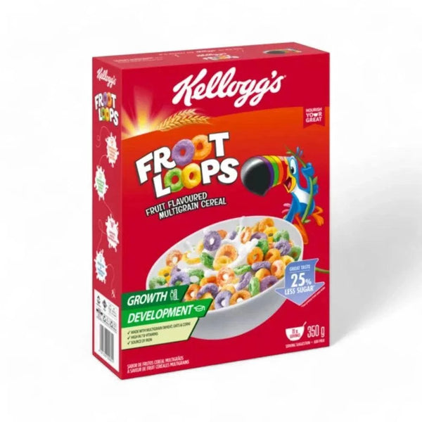 Kellogg's Froot Loops 350g fruit-flavored multigrain cereal box.