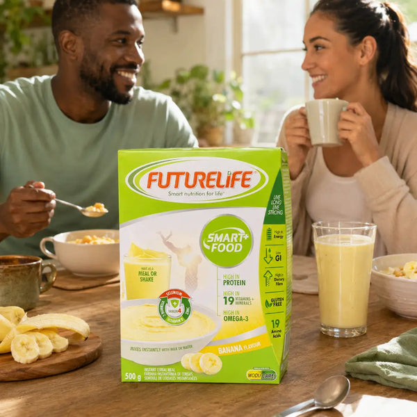 Futurelife Smart Food Banana 500g instant cereal served at breakfast for two adults