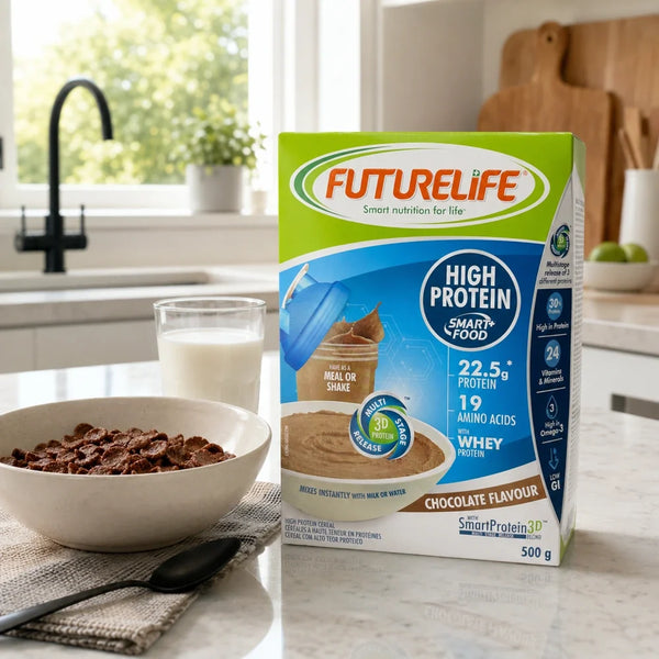 Futurelife High Protein Chocolate 500g with cereal and milk in a bright kitchen