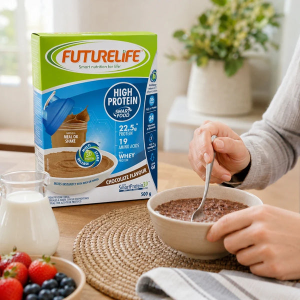 Futurelife High Protein Chocolate 500g served as chocolate cereal with milk and berries