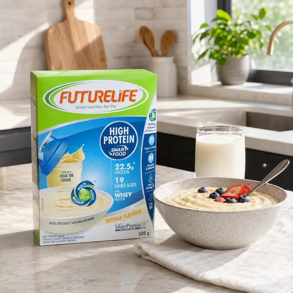 Futurelife High Protein Vanilla 500g with prepared cereal and milk in a bright kitchen