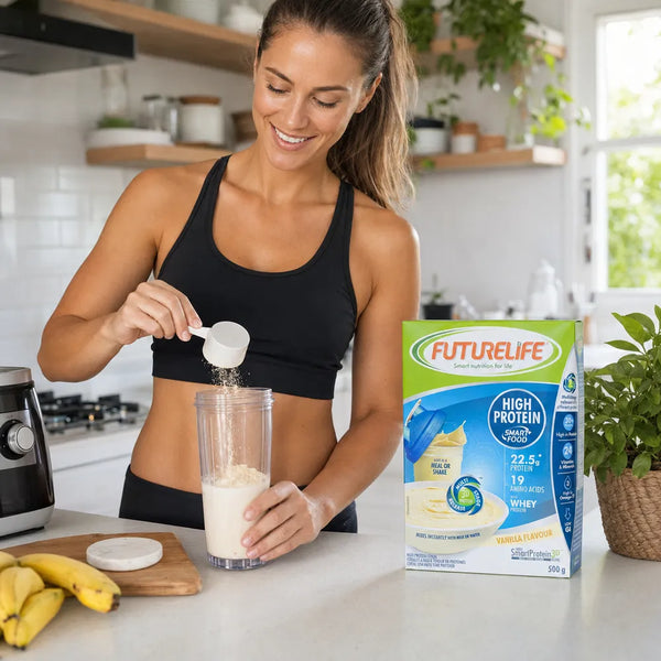 Adult preparing a Futurelife High Protein Vanilla meal replacement shake