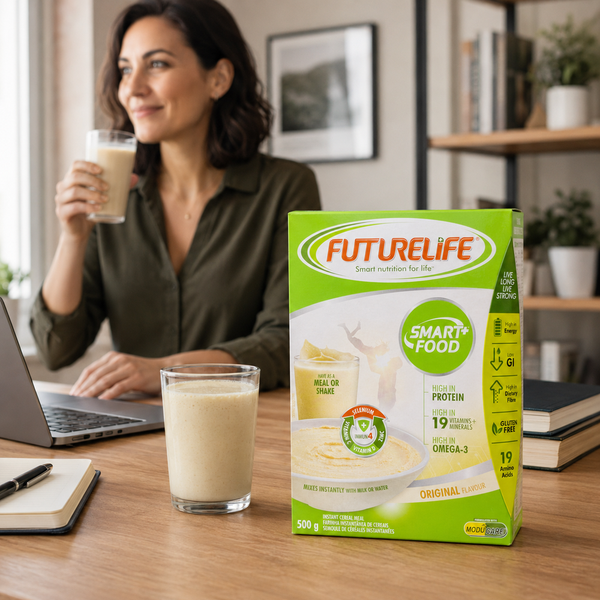 Futurelife Smart Food Original 500g with breakfast shake at a home office