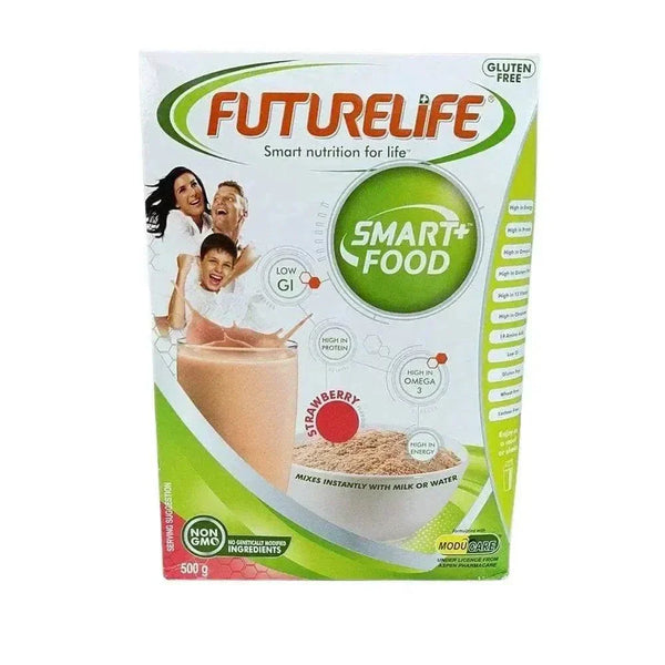 Futurelife Cereal Strawberry 500g box with nutritional benefits and gluten-free label