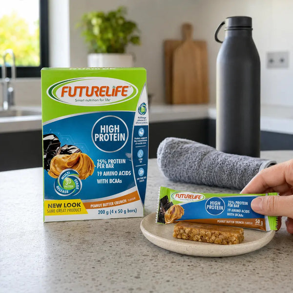 Futurelife High Protein Peanut Butter Crunch bars after a workout in a modern kitchen