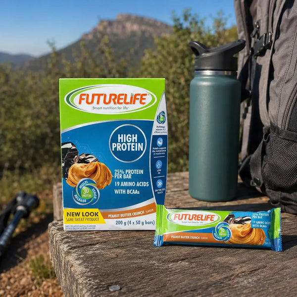 Futurelife High Protein Peanut Butter Crunch bars during an outdoor hiking break